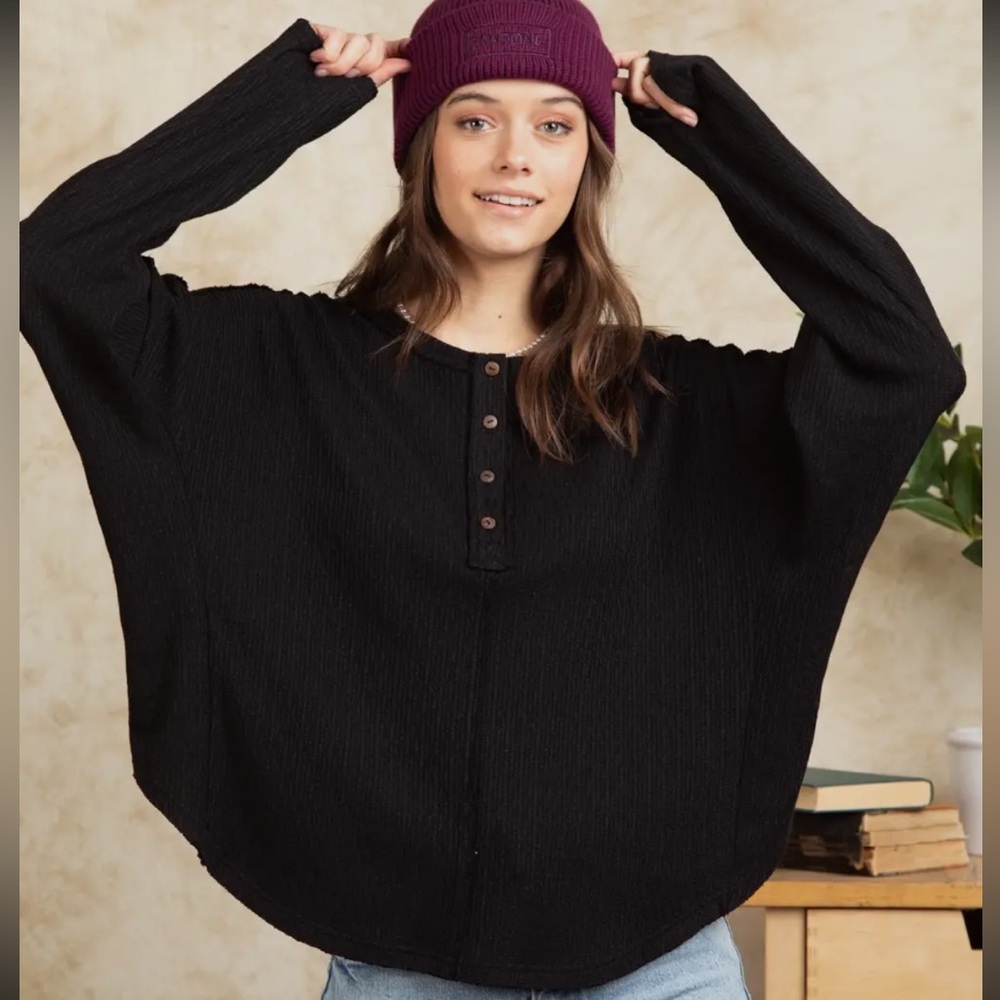 Oversized Black Button-Front Dolman Pullover Hoodie